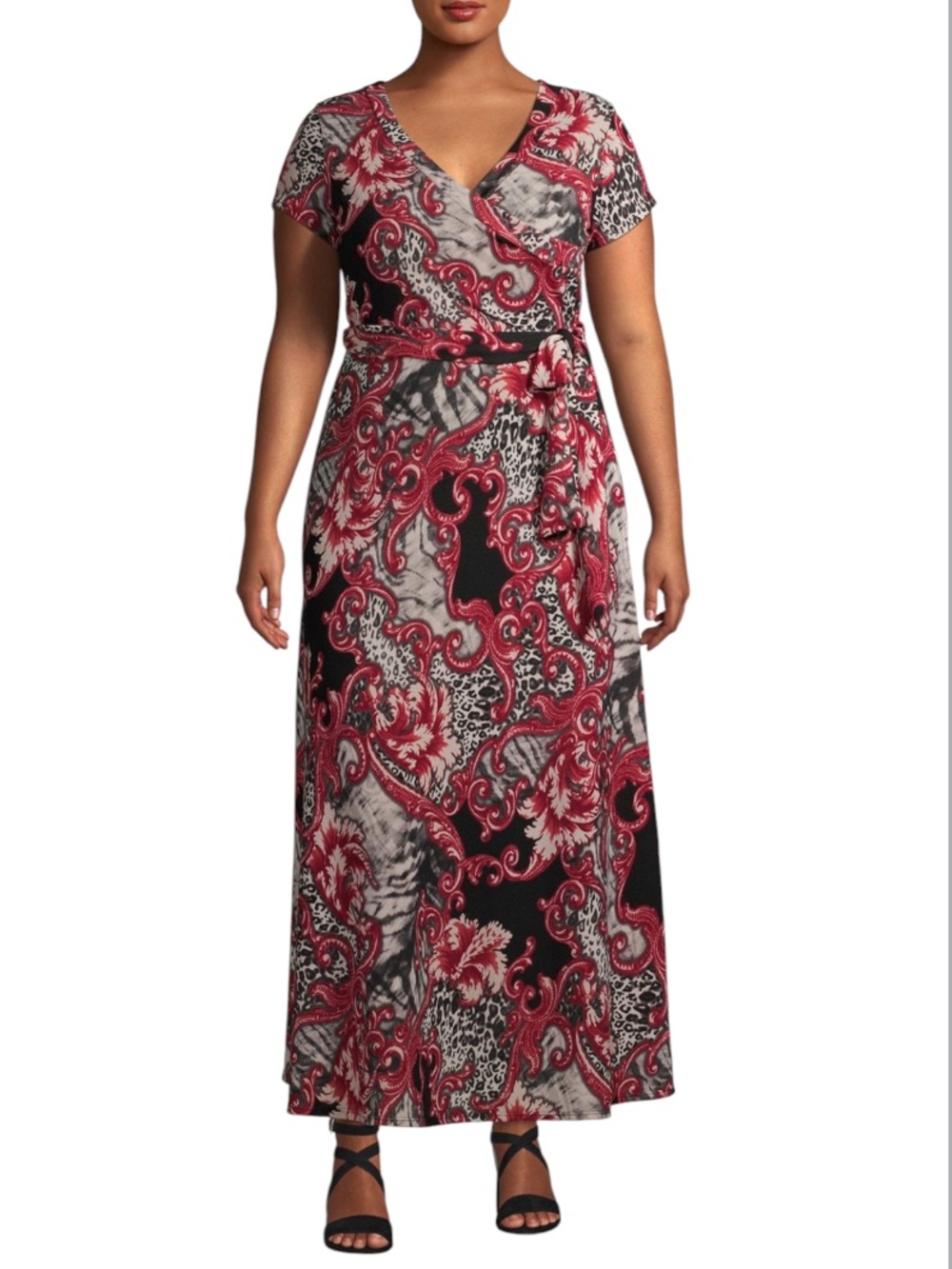 Plus-Size V-Neck Wrap Maxi Dress in Red and Black Print
